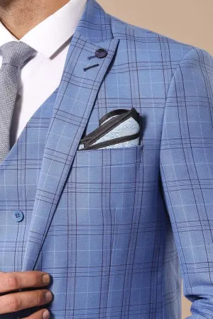 Checked Light Blue Men Suit - Wessi