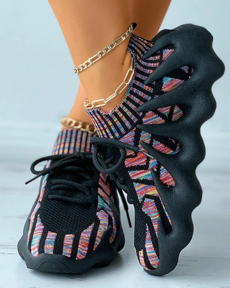 Colorblock Lace up Knit Breathable Sneakers