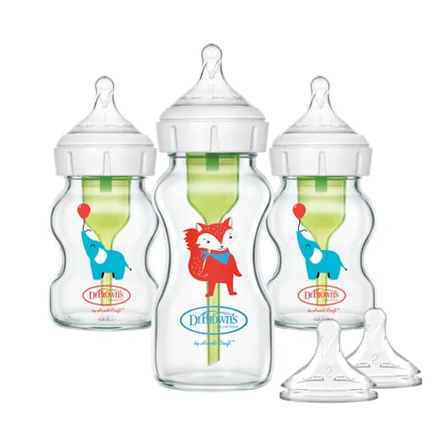 Dr Brown's Glass Anti-Colic Options  Wide-Neck Baby bottle Gift Set, Elephant and Fox Decos