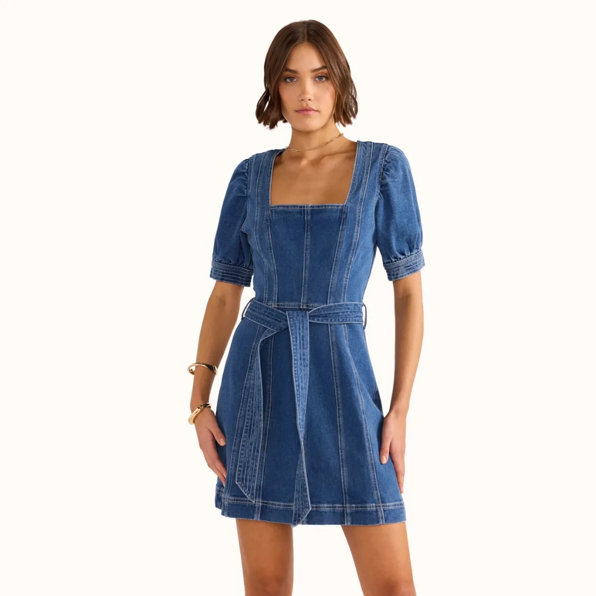 Ellis Denim Mini Dress (Mid Blue)