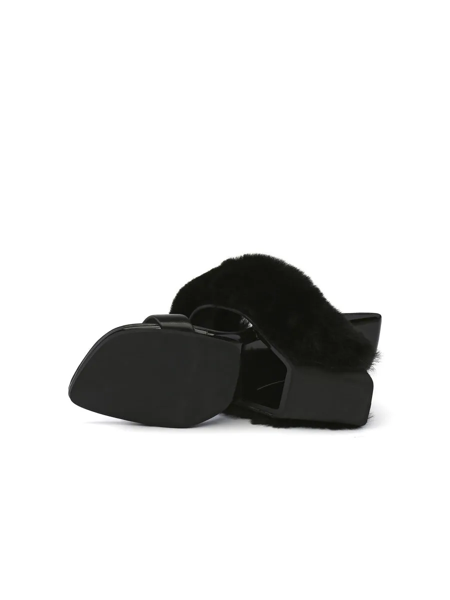 Faux Fur Strap Leather Wedge Sandal - Black
