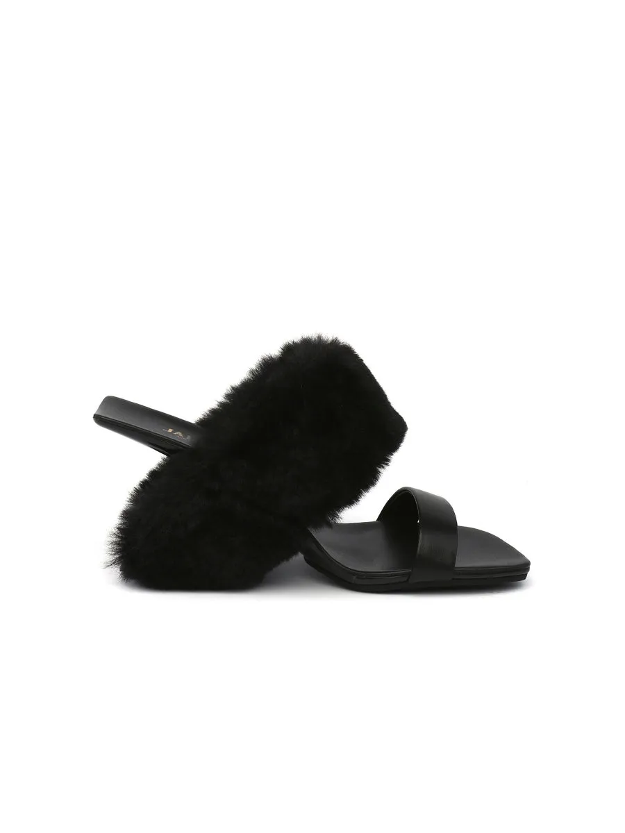 Faux Fur Strap Leather Wedge Sandal - Black