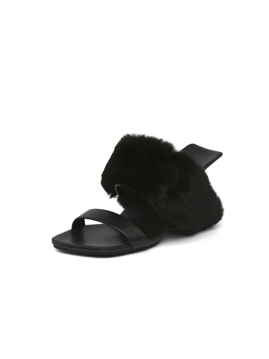 Faux Fur Strap Leather Wedge Sandal - Black