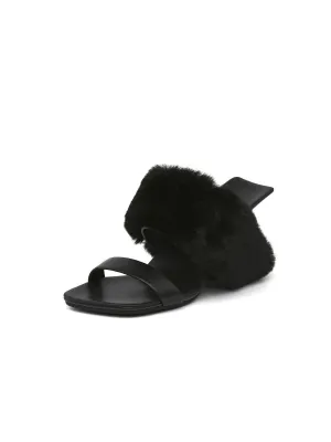 Faux Fur Strap Leather Wedge Sandal - Black
