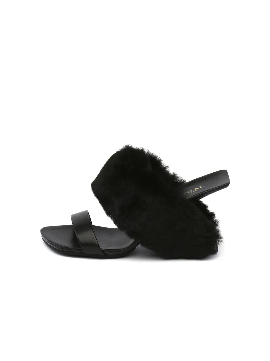 Faux Fur Strap Leather Wedge Sandal - Black