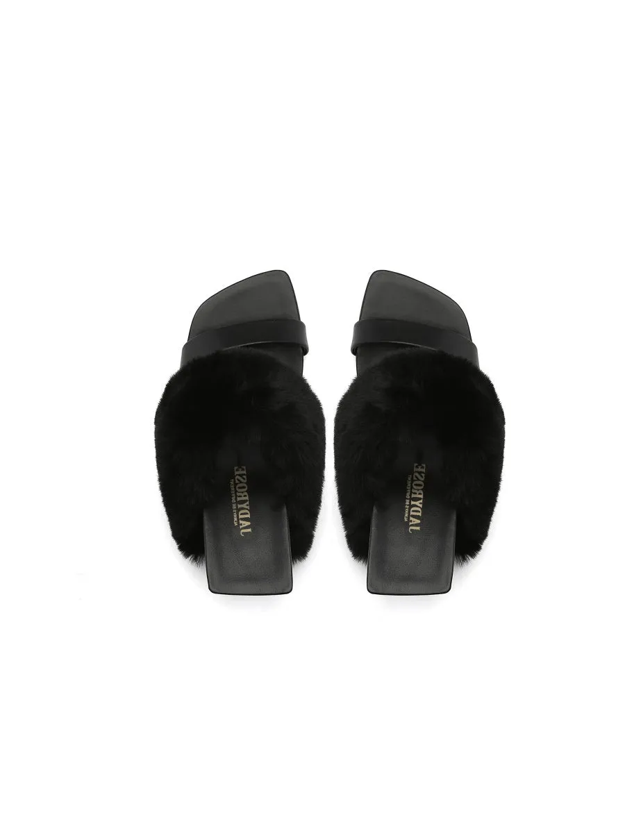 Faux Fur Strap Leather Wedge Sandal - Black