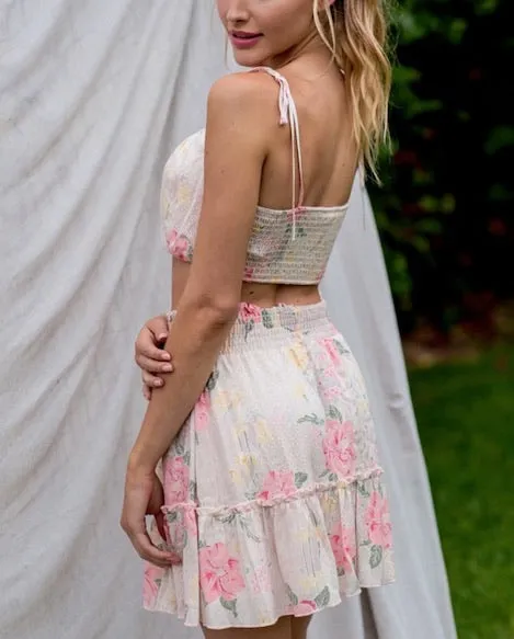 Floral Smock Waist Tiered Mini Skirt