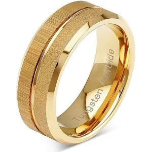 Holland Yellow Gold Inlaid Sandblast Brushed Grooved Men's Tungsten Ring - 8mm
