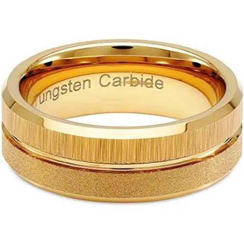 Holland Yellow Gold Inlaid Sandblast Brushed Grooved Men's Tungsten Ring - 8mm