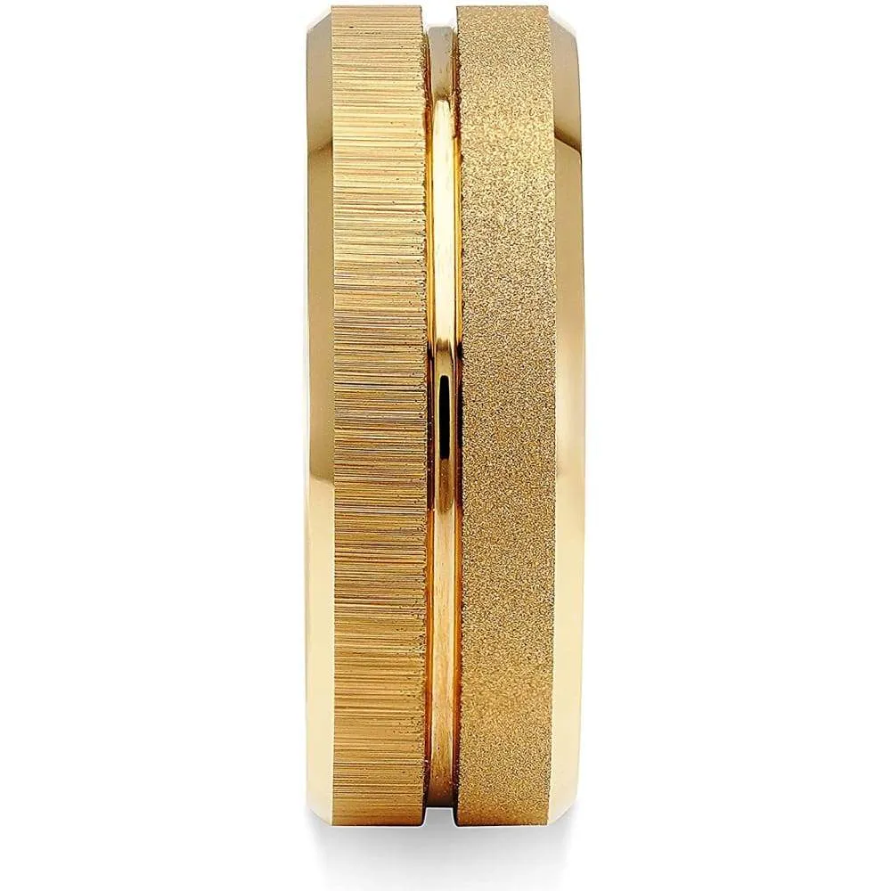 Holland Yellow Gold Inlaid Sandblast Brushed Grooved Men's Tungsten Ring - 8mm