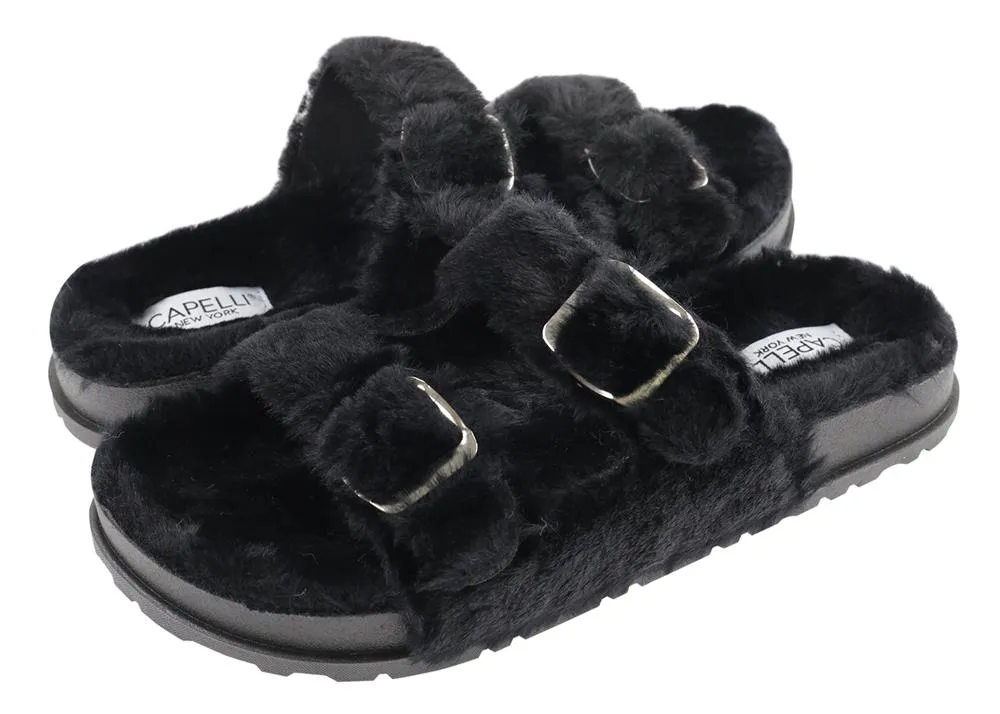 Ladies Faux Fur Double Strap Slide