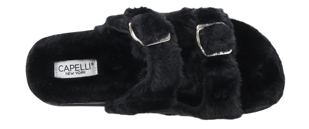 Ladies Faux Fur Double Strap Slide