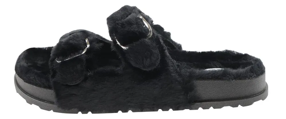 Ladies Faux Fur Double Strap Slide