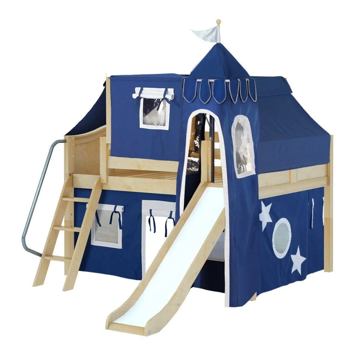 Maxtrix Full Low Loft Bed with Angled Ladder, Curtain, Top Tent, Tower   Slide