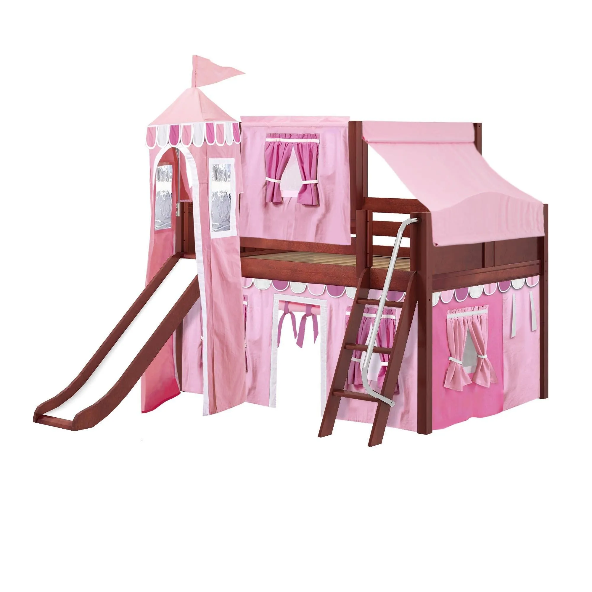Maxtrix Full Low Loft Bed with Angled Ladder, Curtain, Top Tent, Tower   Slide