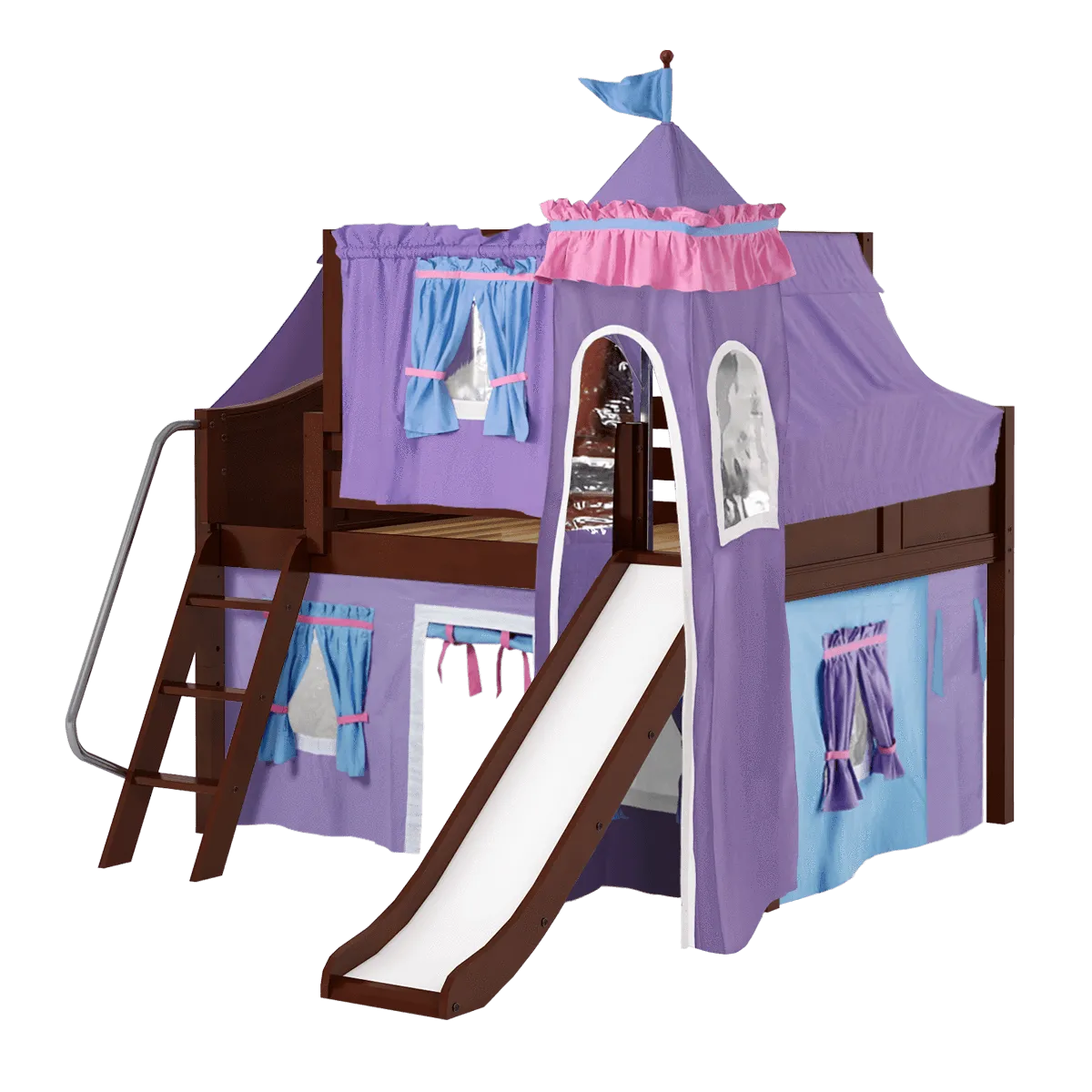 Maxtrix Full Low Loft Bed with Angled Ladder, Curtain, Top Tent, Tower   Slide