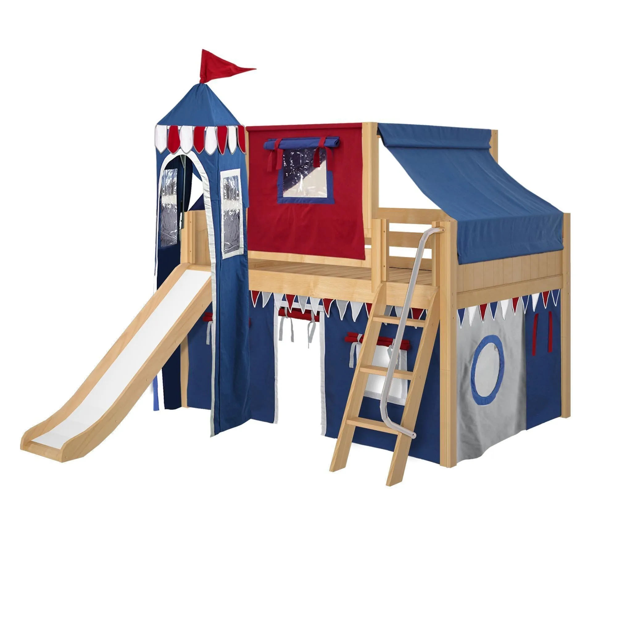 Maxtrix Full Low Loft Bed with Angled Ladder, Curtain, Top Tent, Tower   Slide