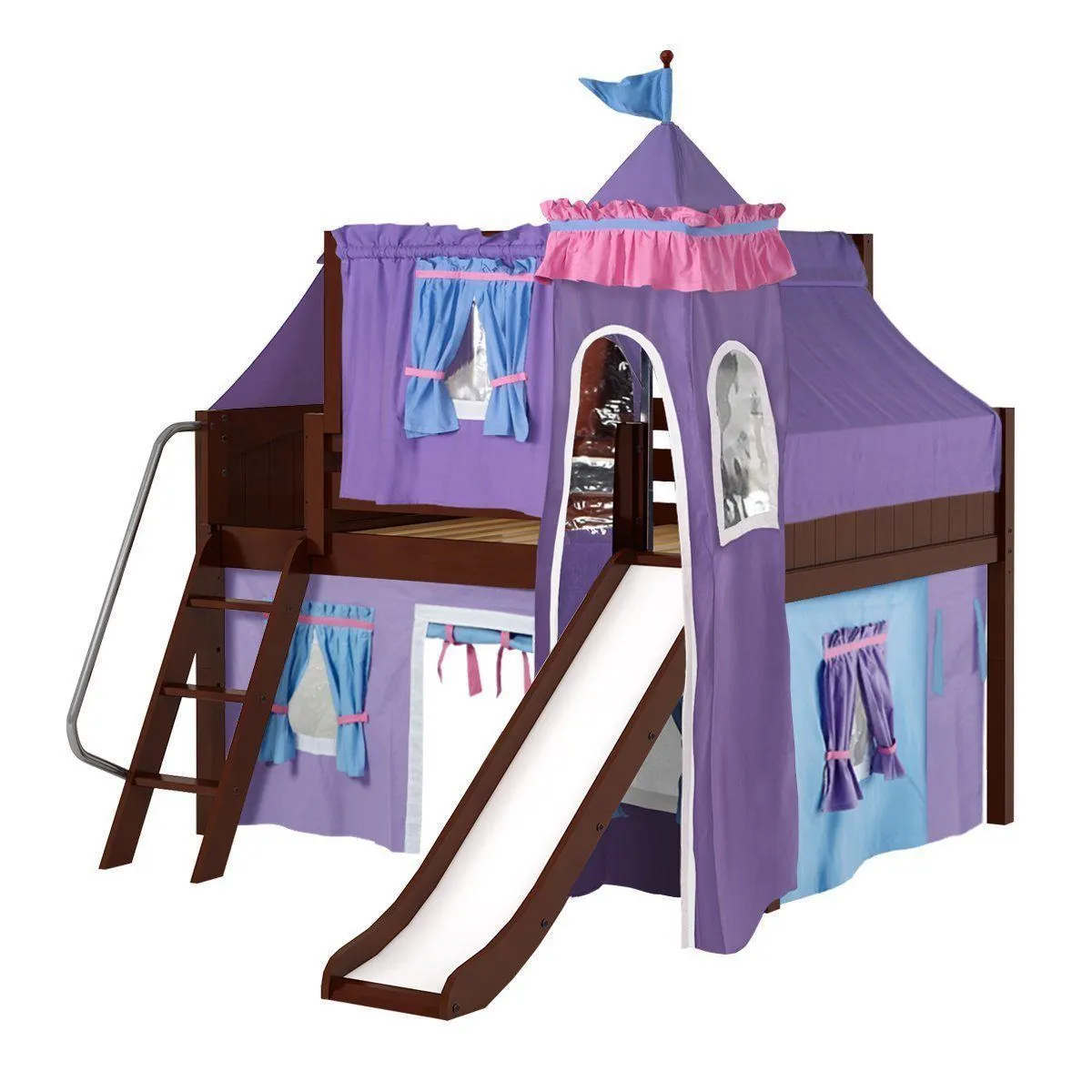 Maxtrix Full Low Loft Bed with Angled Ladder, Curtain, Top Tent, Tower   Slide