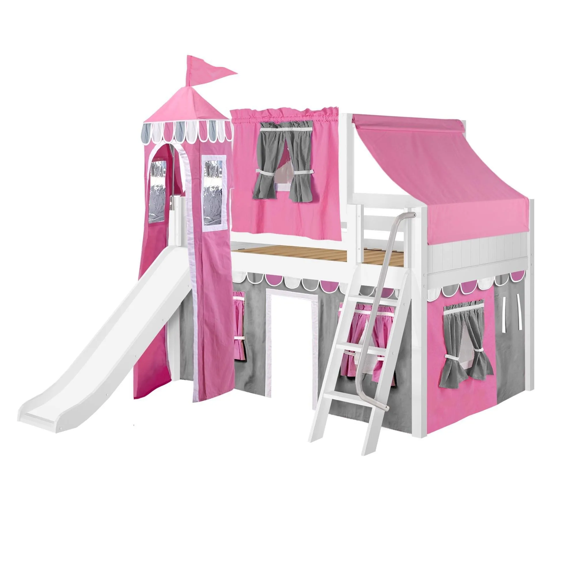 Maxtrix Full Low Loft Bed with Angled Ladder, Curtain, Top Tent, Tower   Slide