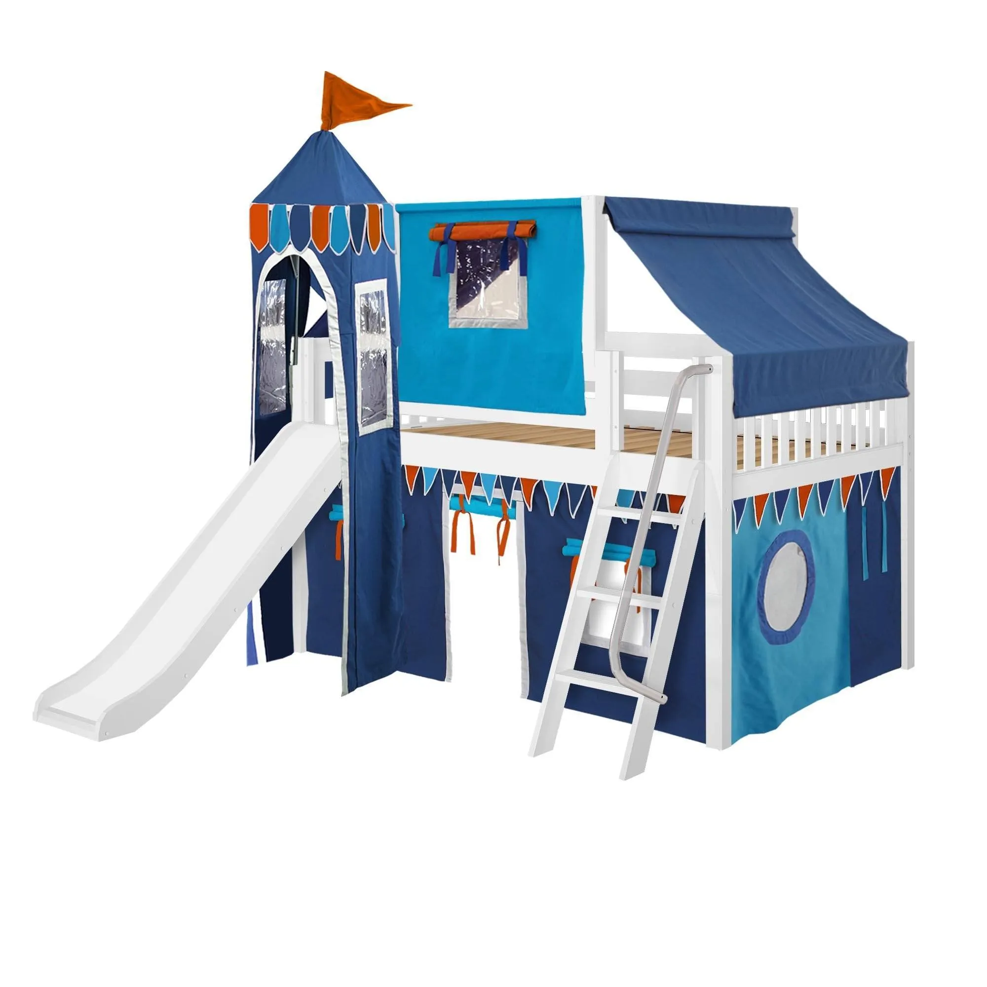 Maxtrix Full Low Loft Bed with Angled Ladder, Curtain, Top Tent, Tower   Slide