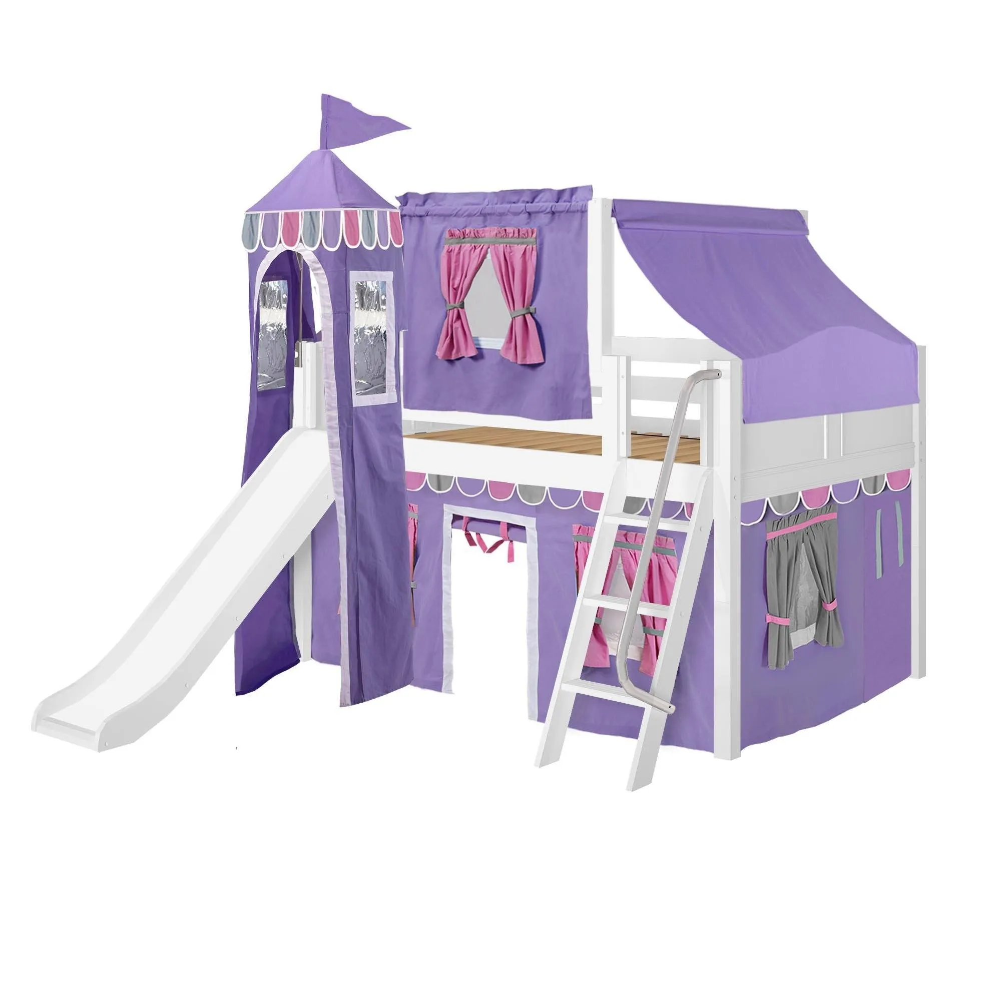 Maxtrix Full Low Loft Bed with Angled Ladder, Curtain, Top Tent, Tower   Slide