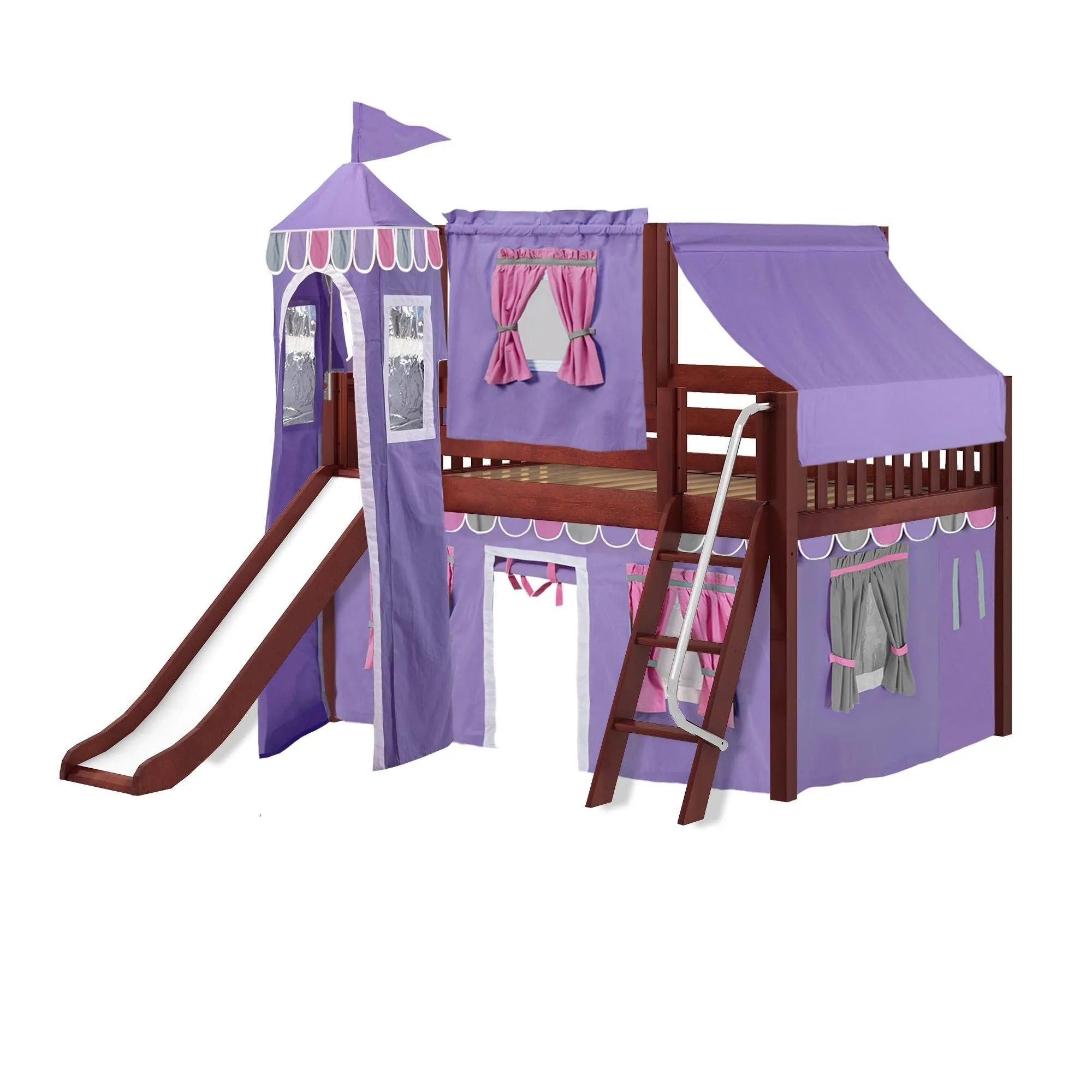 Maxtrix Full Low Loft Bed with Angled Ladder, Curtain, Top Tent, Tower   Slide