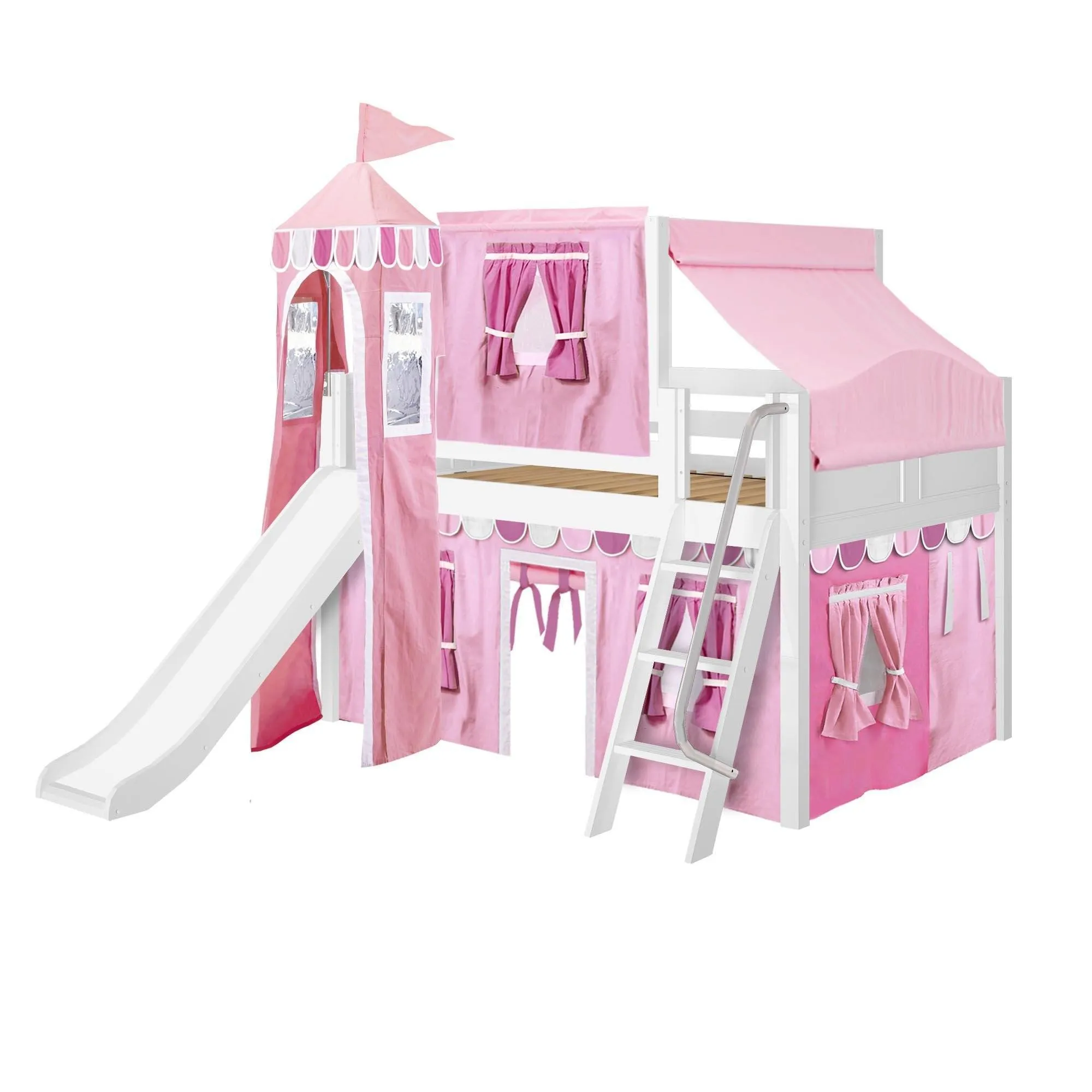 Maxtrix Full Low Loft Bed with Angled Ladder, Curtain, Top Tent, Tower   Slide