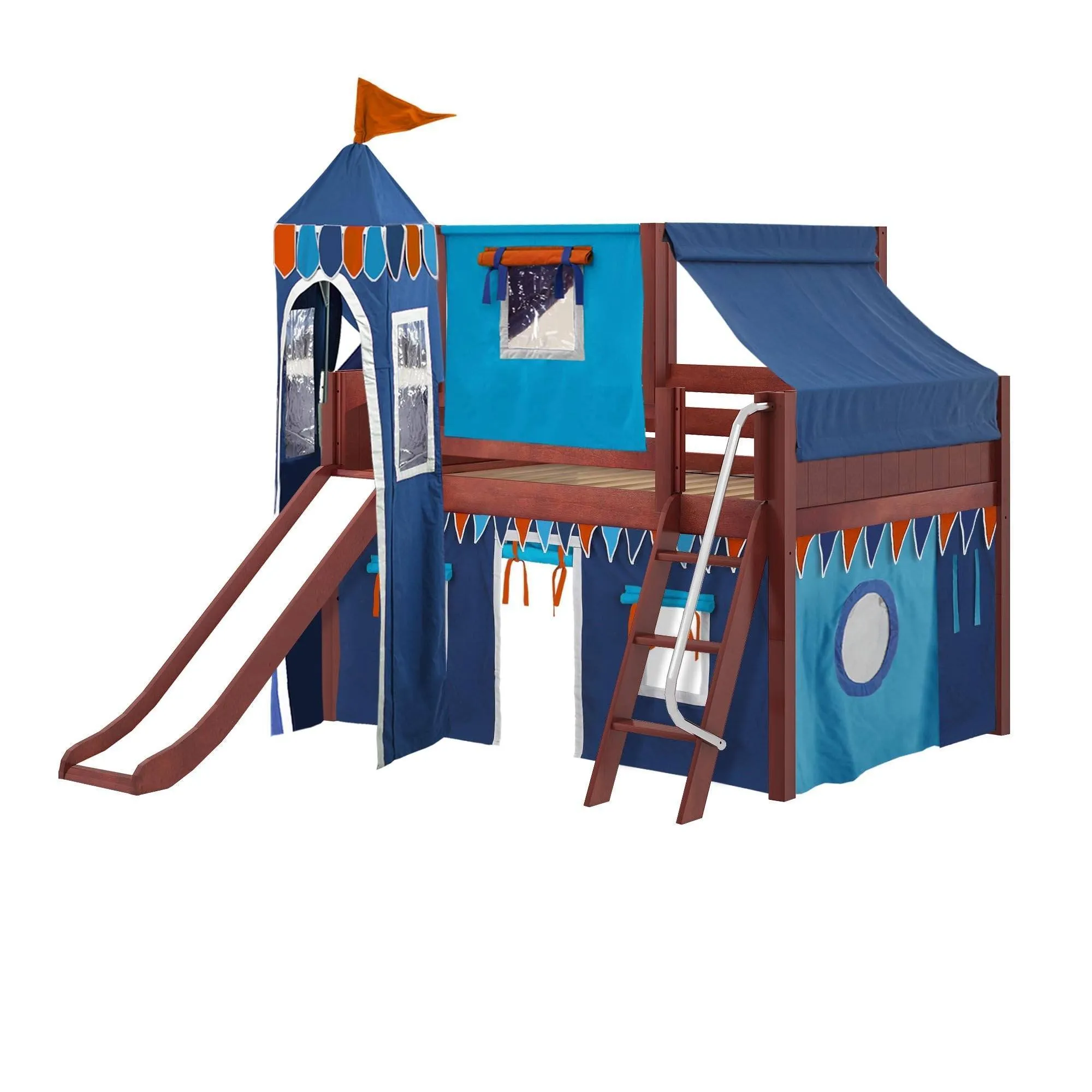 Maxtrix Full Low Loft Bed with Angled Ladder, Curtain, Top Tent, Tower   Slide