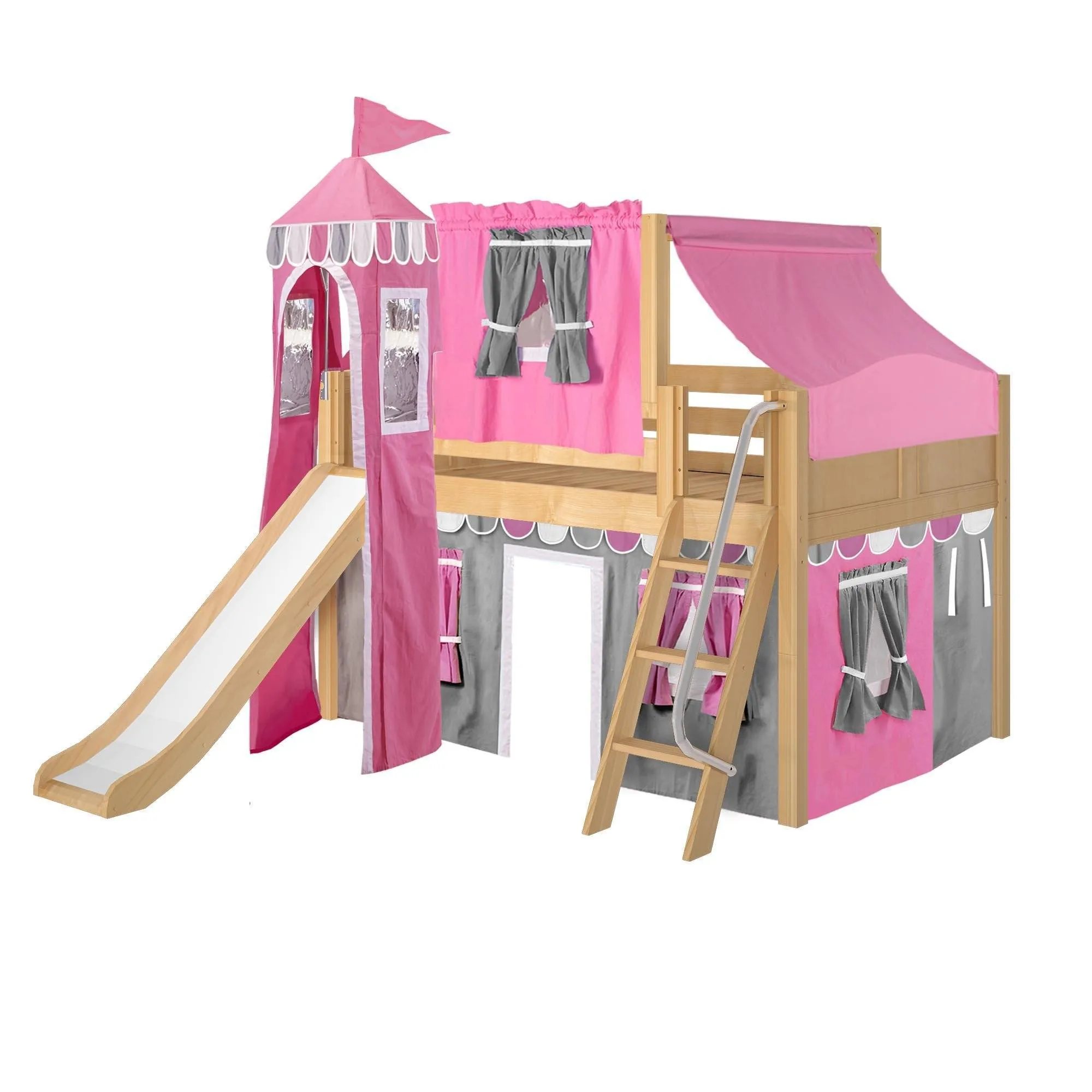 Maxtrix Full Low Loft Bed with Angled Ladder, Curtain, Top Tent, Tower   Slide