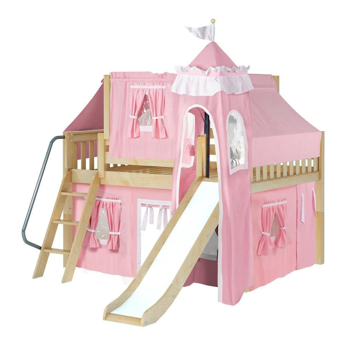 Maxtrix Full Low Loft Bed with Angled Ladder, Curtain, Top Tent, Tower   Slide