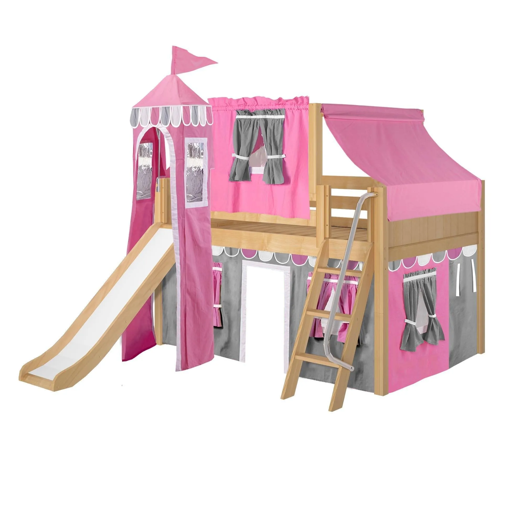 Maxtrix Full Low Loft Bed with Angled Ladder, Curtain, Top Tent, Tower   Slide
