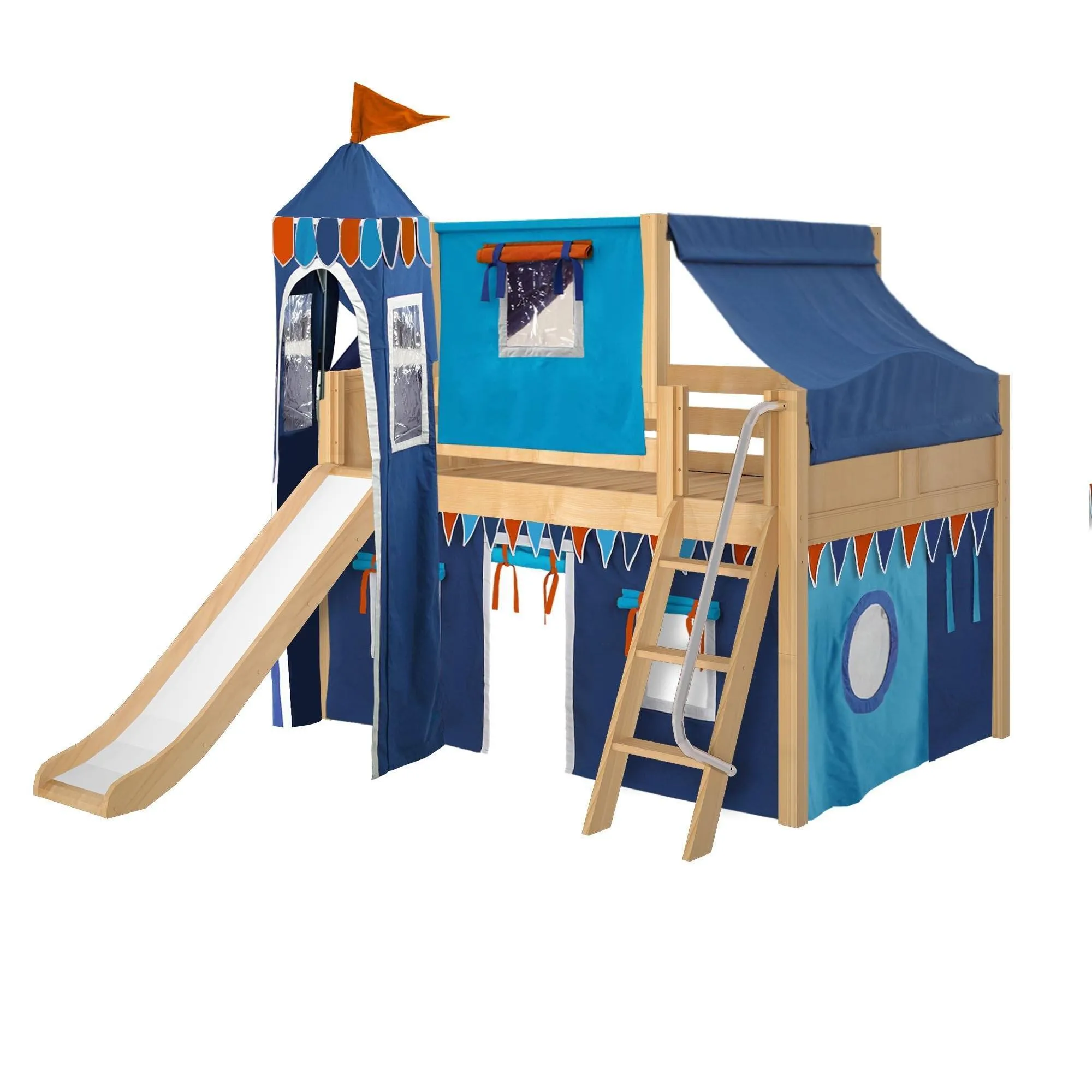 Maxtrix Full Low Loft Bed with Angled Ladder, Curtain, Top Tent, Tower   Slide