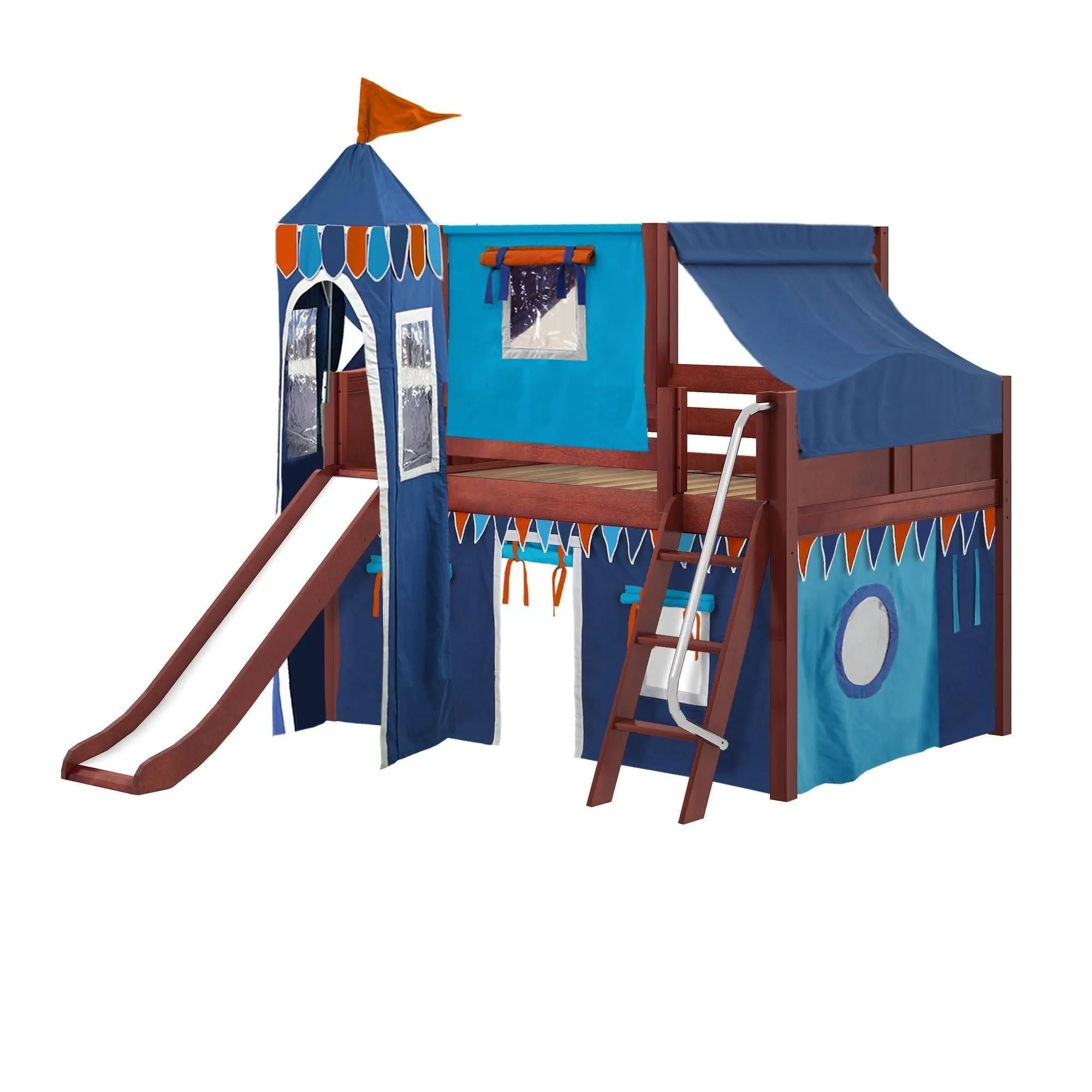 Maxtrix Full Low Loft Bed with Angled Ladder, Curtain, Top Tent, Tower   Slide