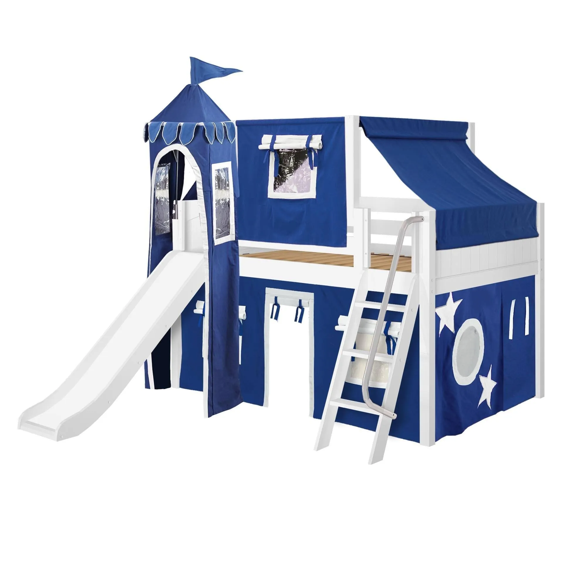 Maxtrix Full Low Loft Bed with Angled Ladder, Curtain, Top Tent, Tower   Slide