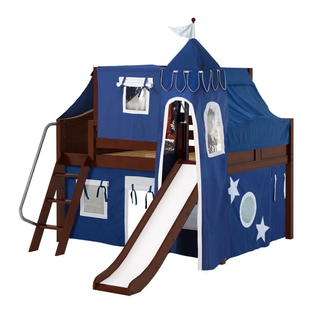 Maxtrix Full Low Loft Bed with Angled Ladder, Curtain, Top Tent, Tower   Slide