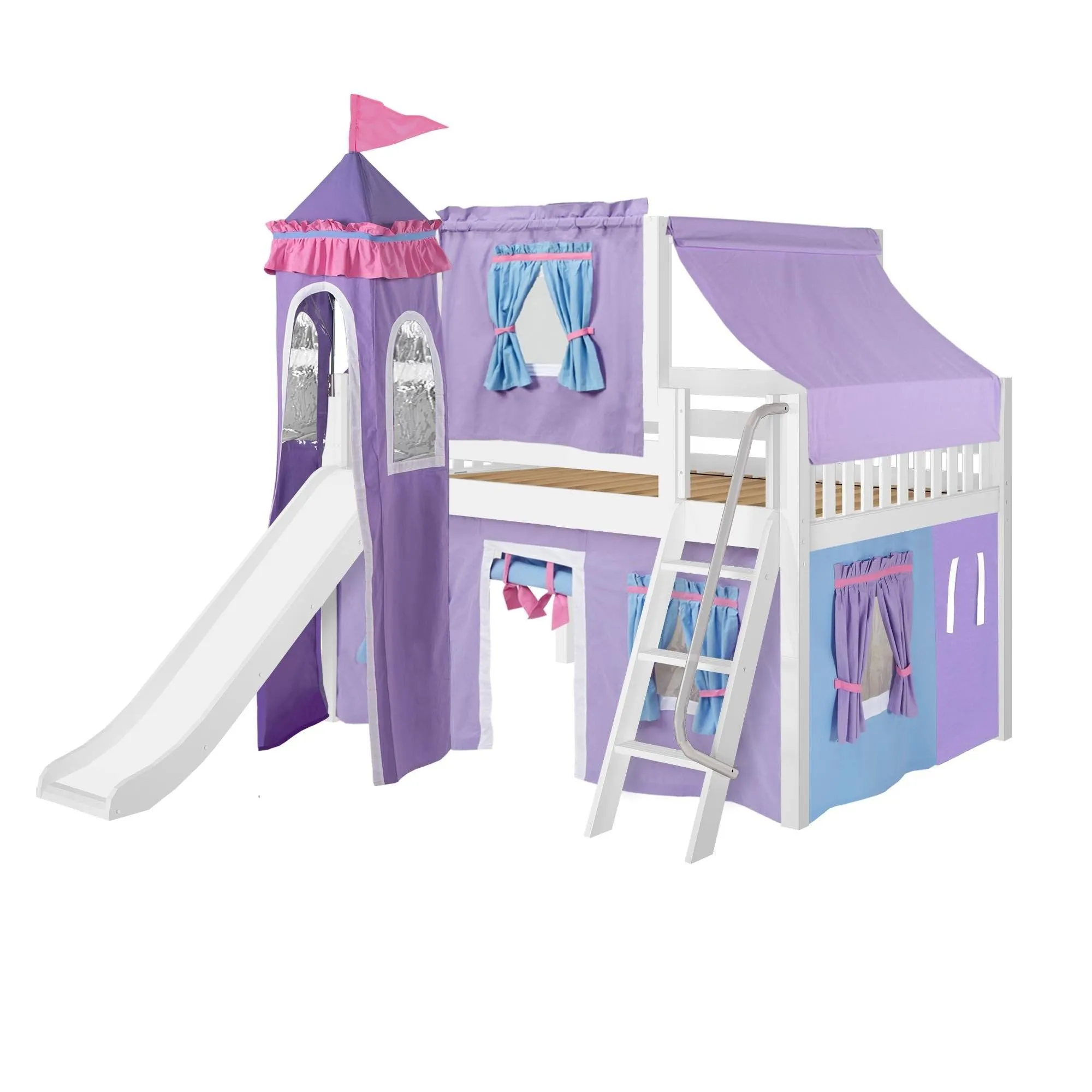 Maxtrix Full Low Loft Bed with Angled Ladder, Curtain, Top Tent, Tower   Slide