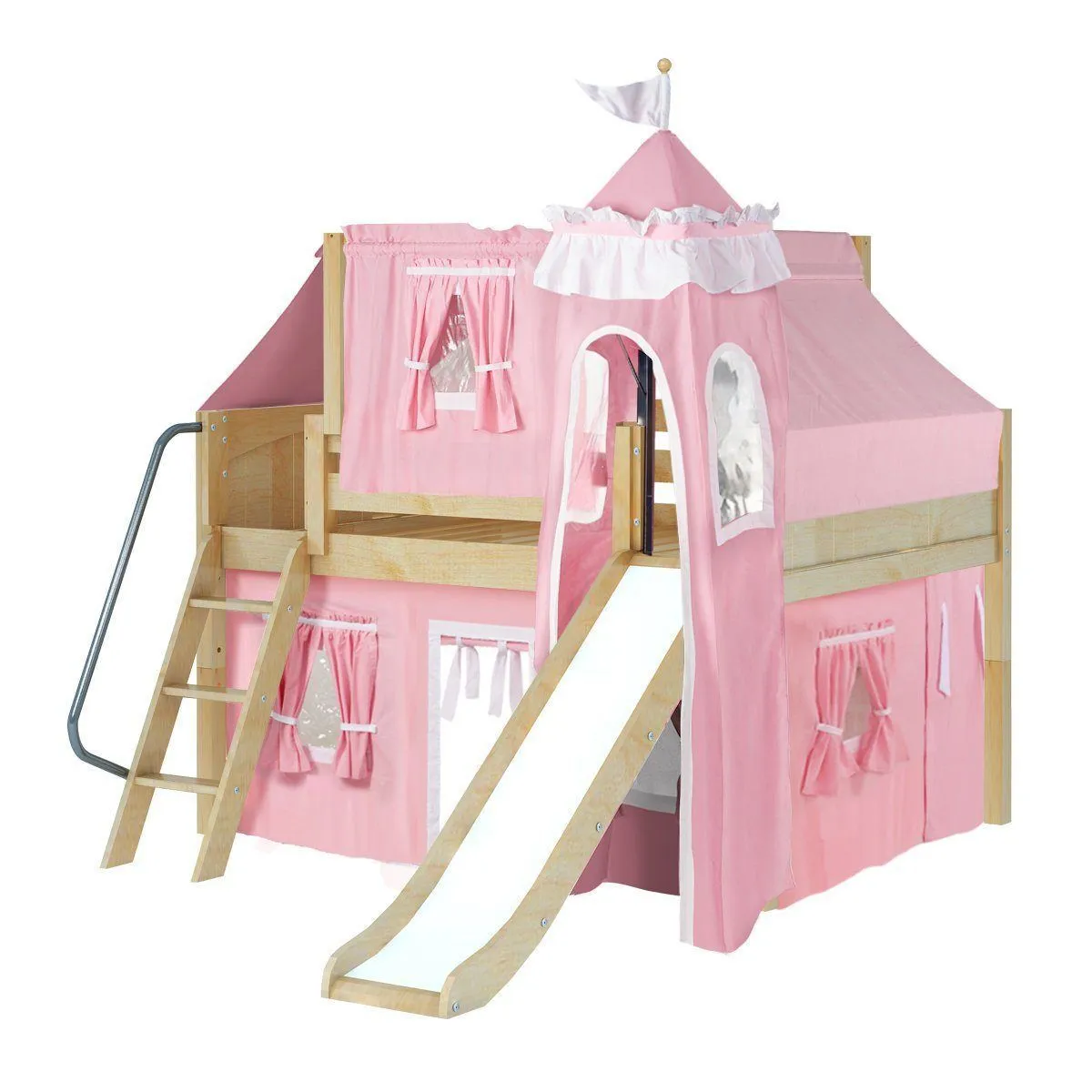 Maxtrix Full Low Loft Bed with Angled Ladder, Curtain, Top Tent, Tower   Slide