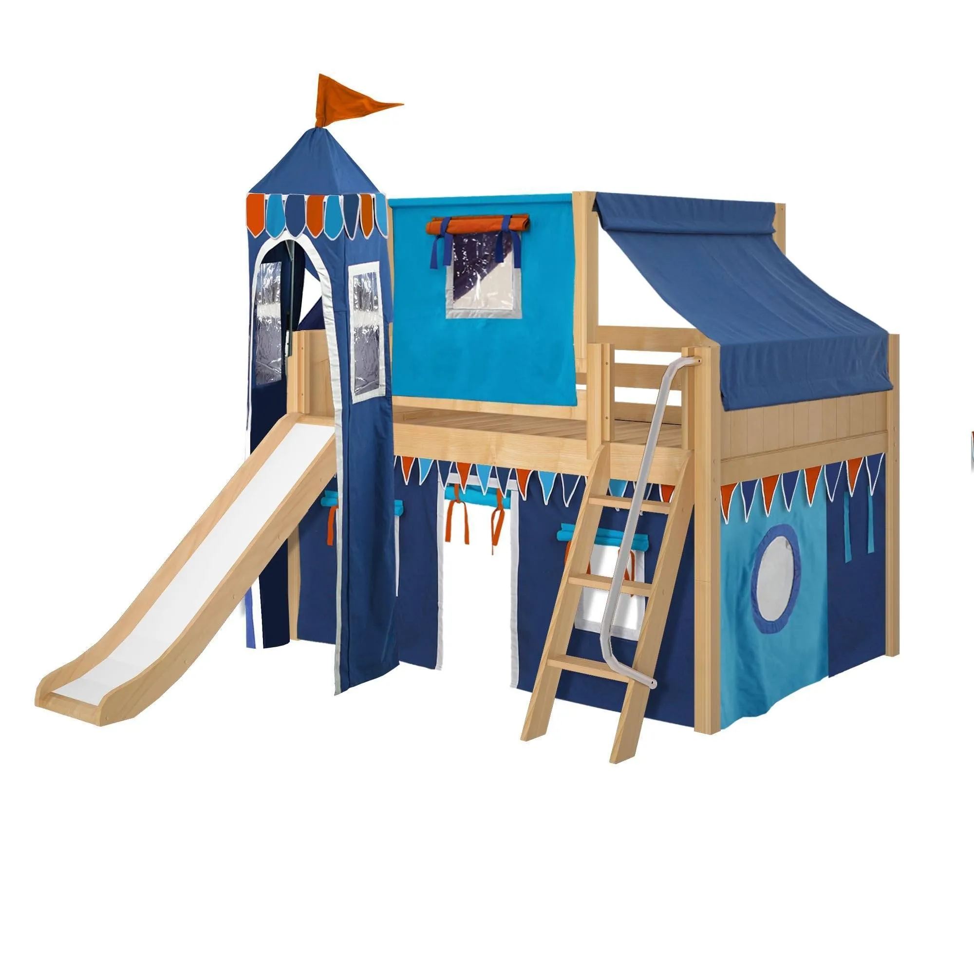 Maxtrix Full Low Loft Bed with Angled Ladder, Curtain, Top Tent, Tower   Slide
