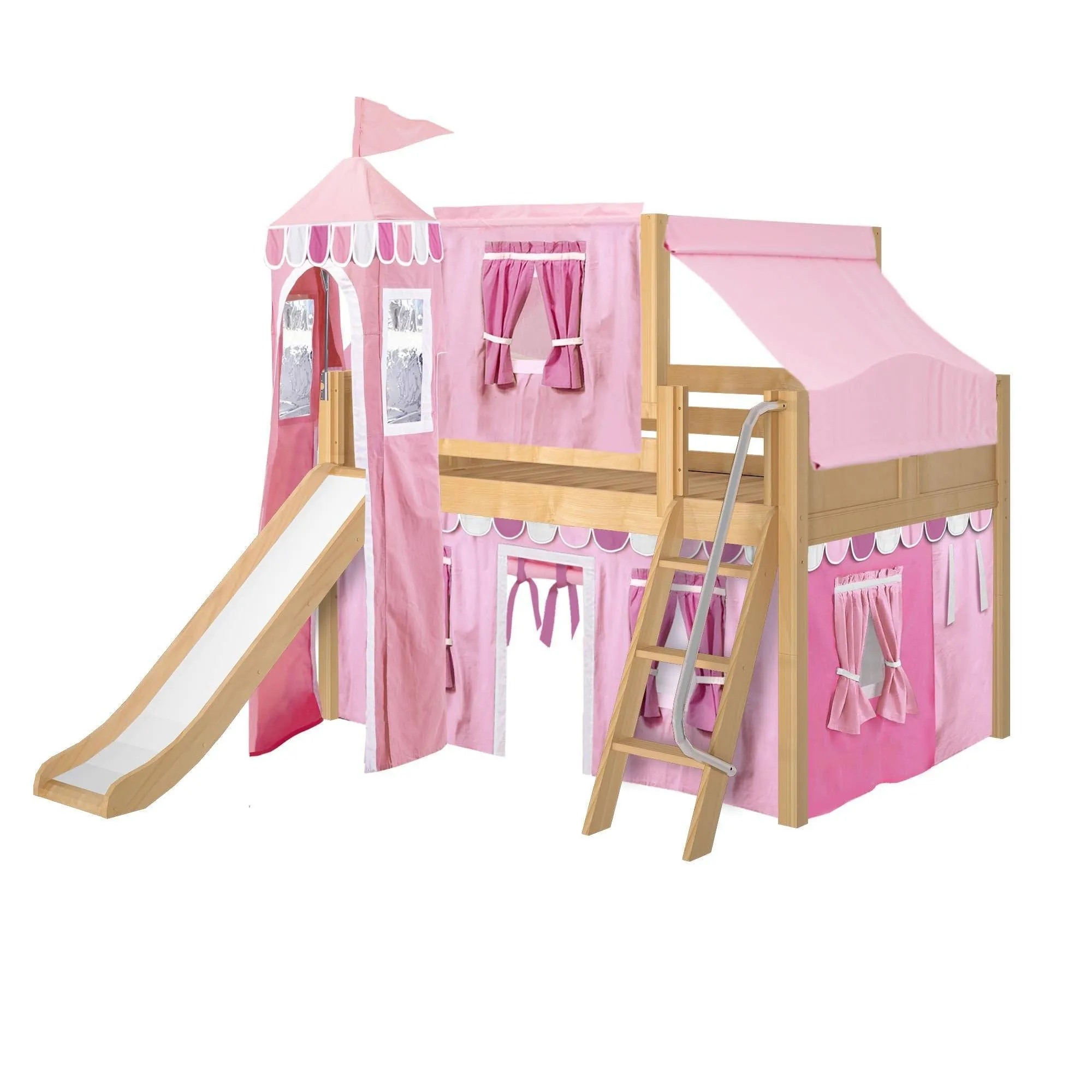 Maxtrix Full Low Loft Bed with Angled Ladder, Curtain, Top Tent, Tower   Slide