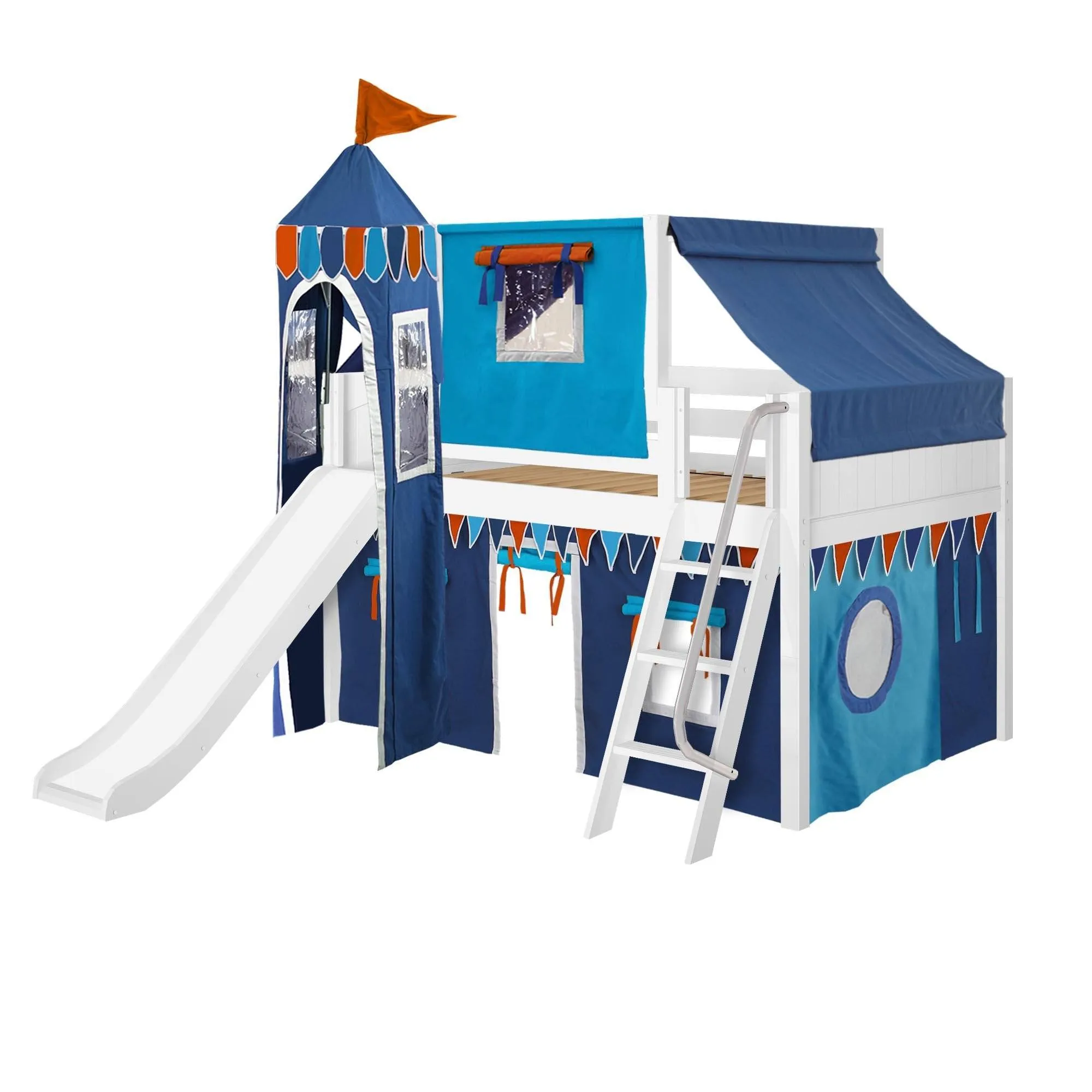 Maxtrix Full Low Loft Bed with Angled Ladder, Curtain, Top Tent, Tower   Slide