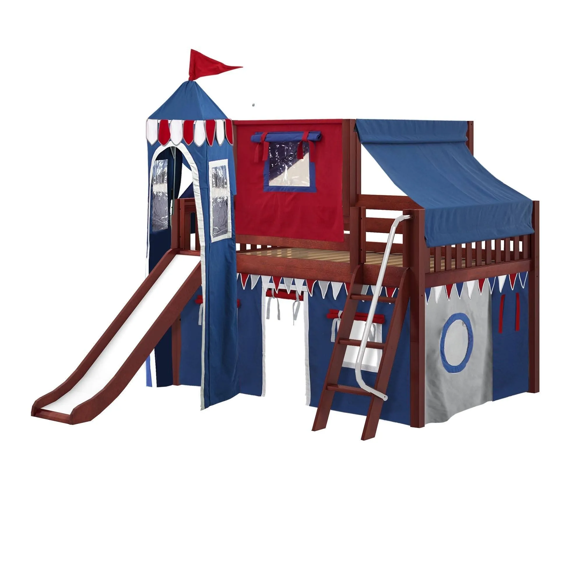 Maxtrix Full Low Loft Bed with Angled Ladder, Curtain, Top Tent, Tower   Slide