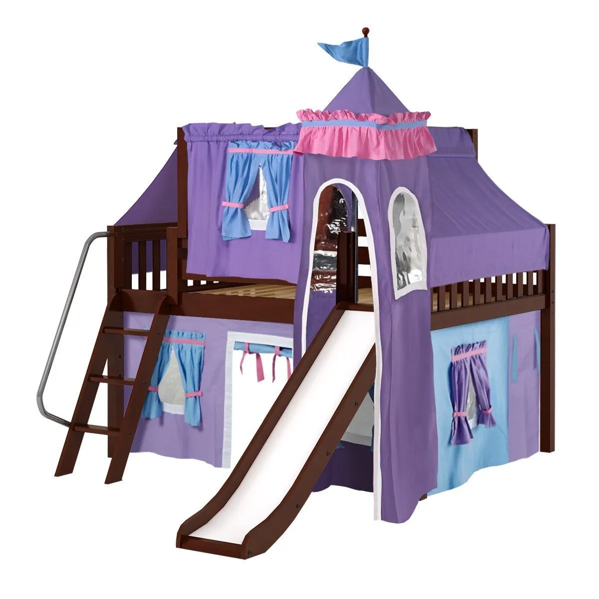 Maxtrix Full Low Loft Bed with Angled Ladder, Curtain, Top Tent, Tower   Slide