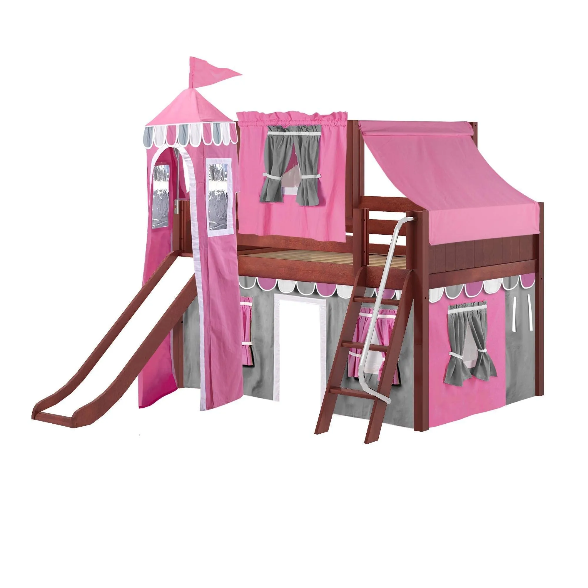 Maxtrix Full Low Loft Bed with Angled Ladder, Curtain, Top Tent, Tower   Slide
