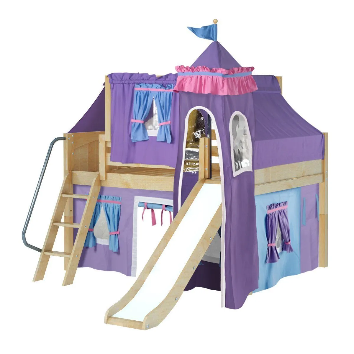Maxtrix Full Low Loft Bed with Angled Ladder, Curtain, Top Tent, Tower   Slide