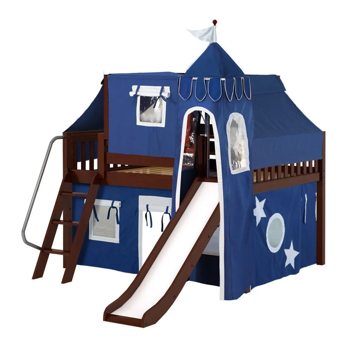 Maxtrix Full Low Loft Bed with Angled Ladder, Curtain, Top Tent, Tower   Slide