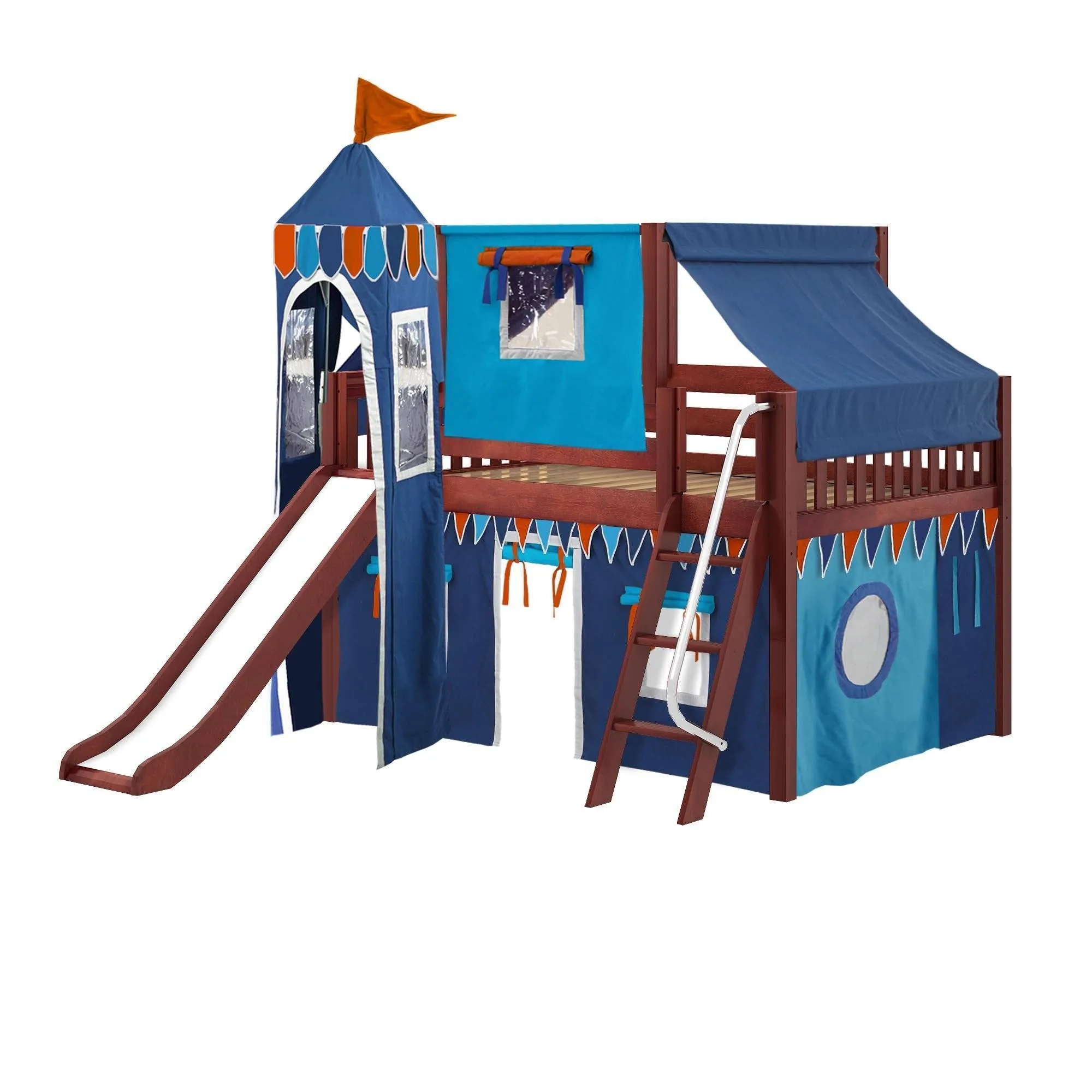 Maxtrix Full Low Loft Bed with Angled Ladder, Curtain, Top Tent, Tower   Slide