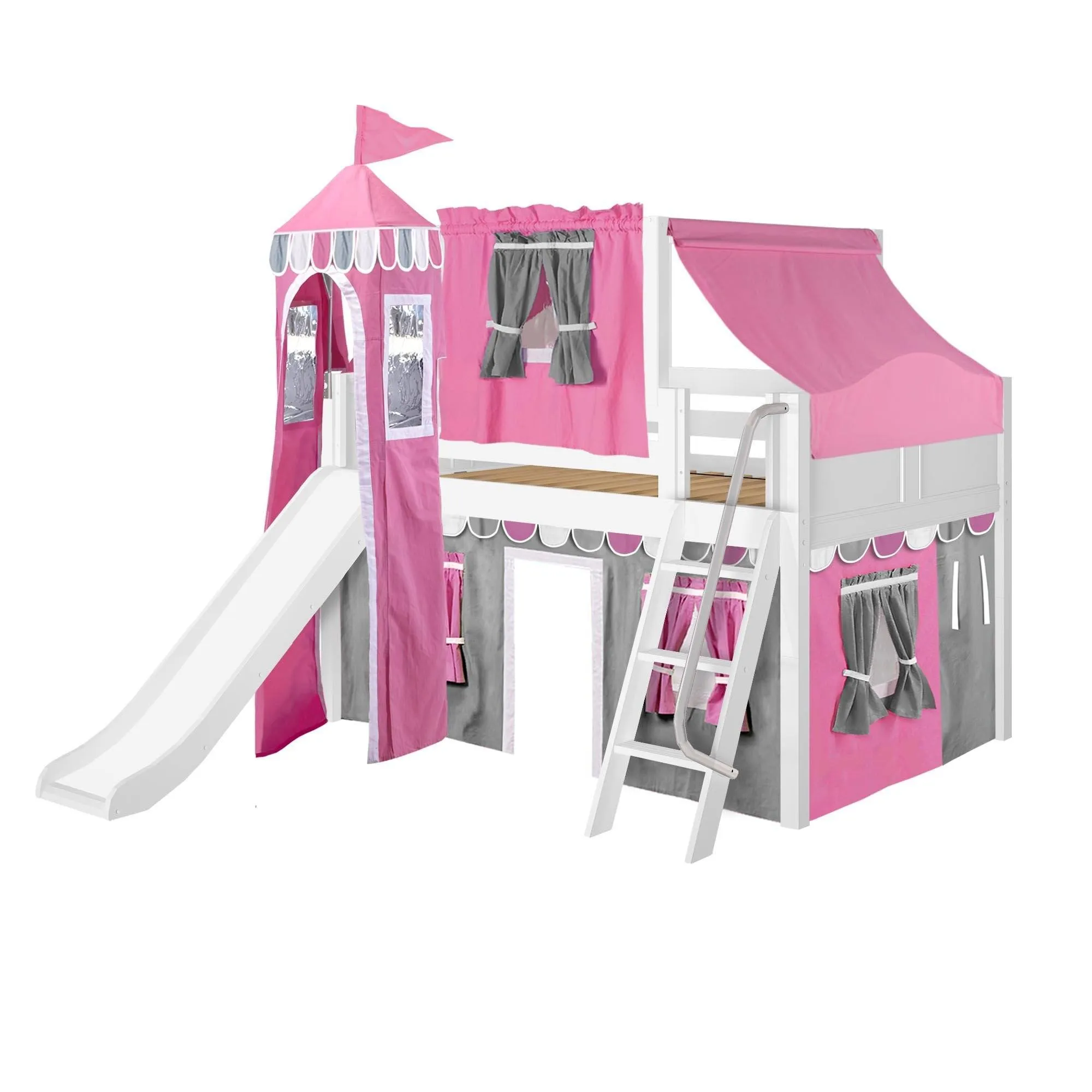 Maxtrix Full Low Loft Bed with Angled Ladder, Curtain, Top Tent, Tower   Slide