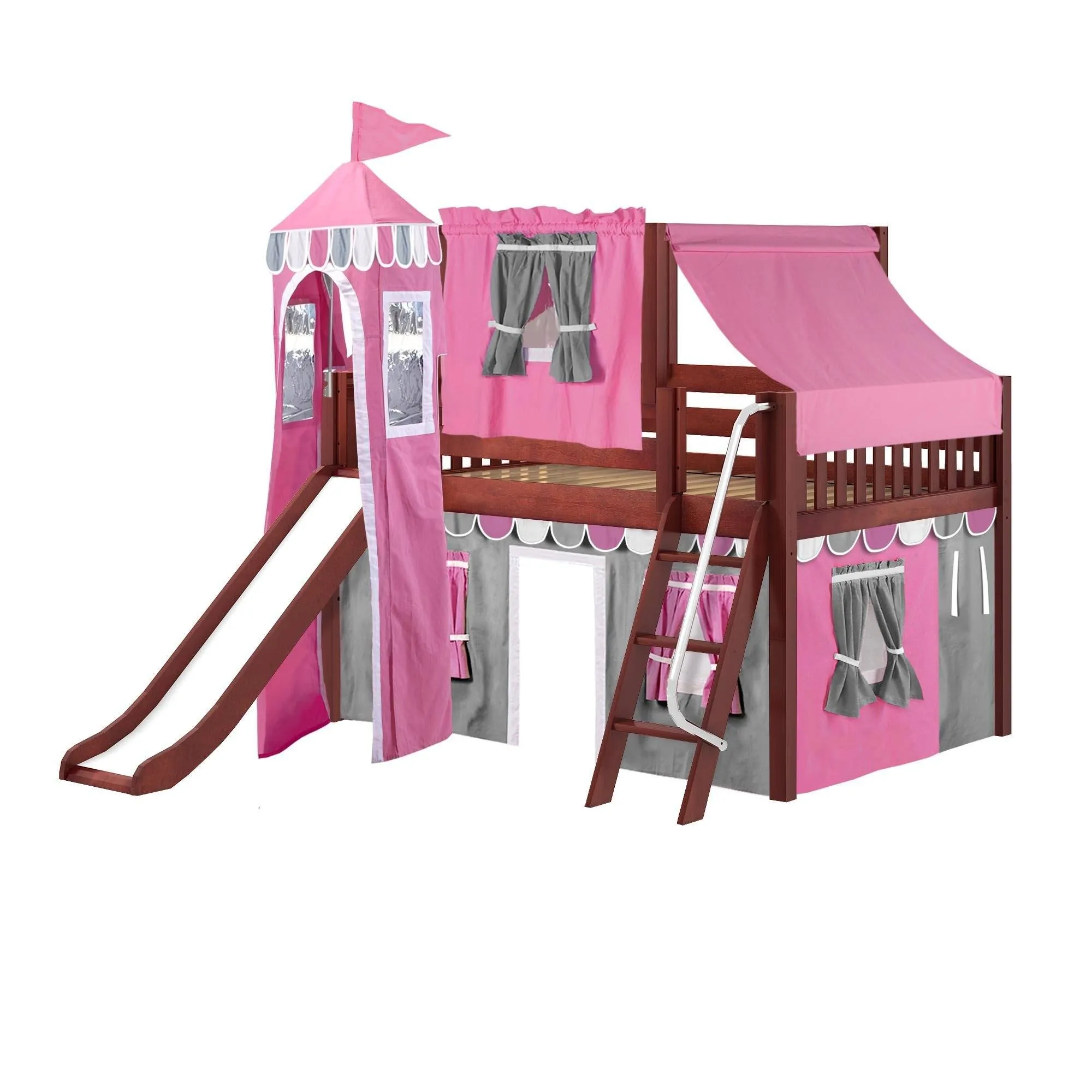 Maxtrix Full Low Loft Bed with Angled Ladder, Curtain, Top Tent, Tower   Slide