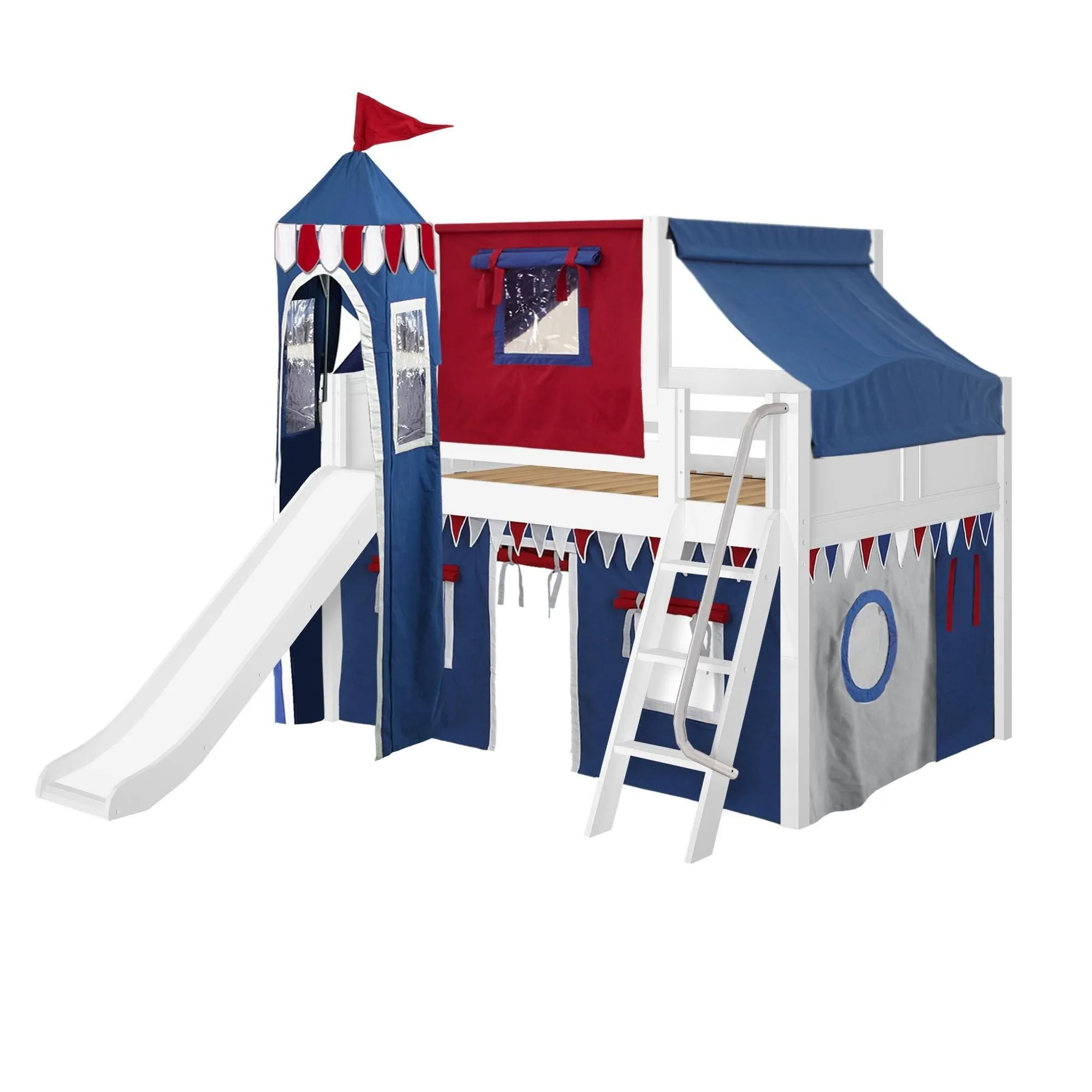Maxtrix Full Low Loft Bed with Angled Ladder, Curtain, Top Tent, Tower   Slide