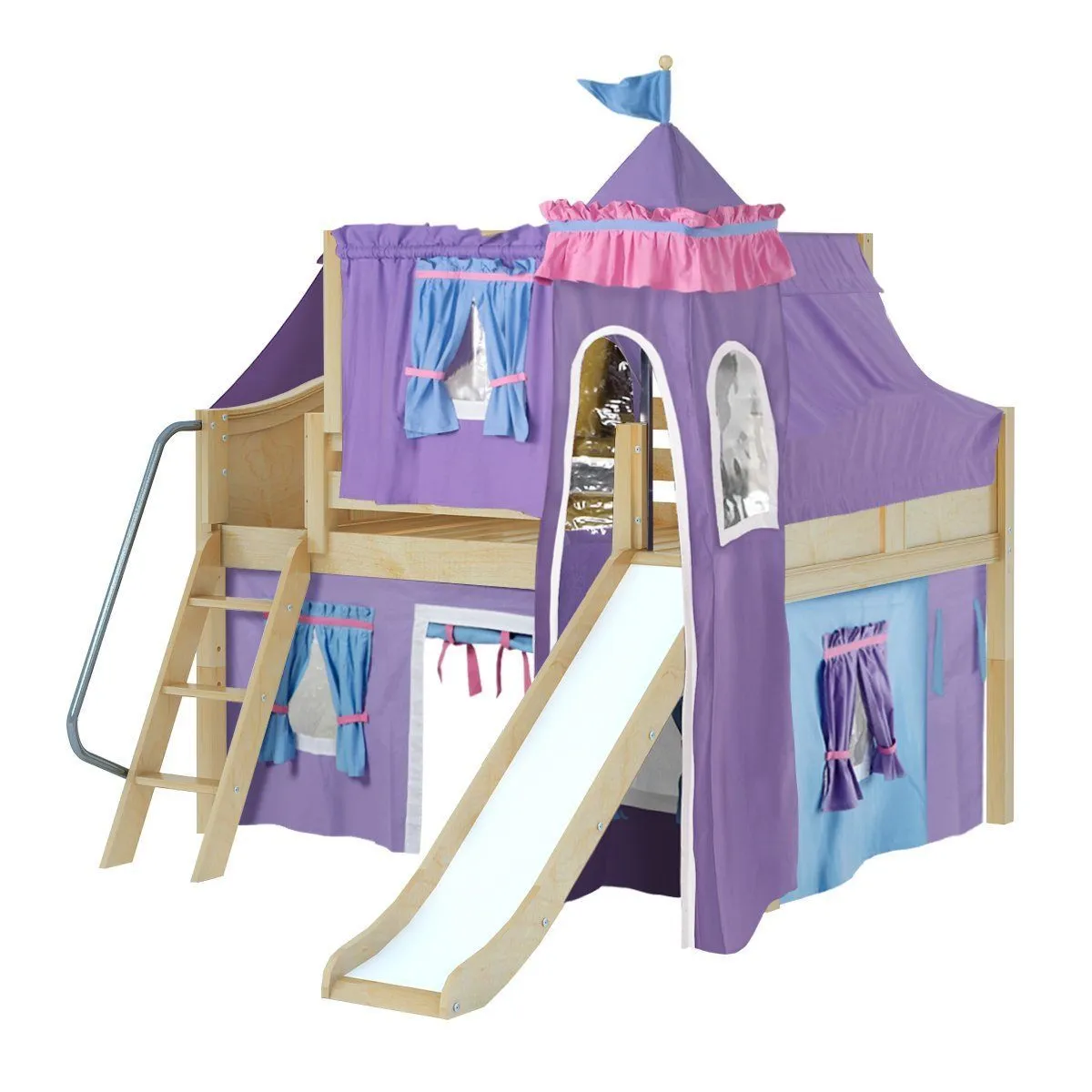 Maxtrix Full Low Loft Bed with Angled Ladder, Curtain, Top Tent, Tower   Slide